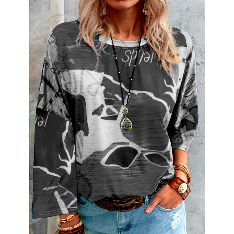 Casual Long Sleeve Tie Dye Round Neck Top