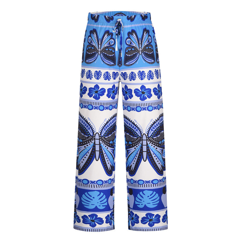 Butter Fly Print Elastic Waist Drawstring Long Pants