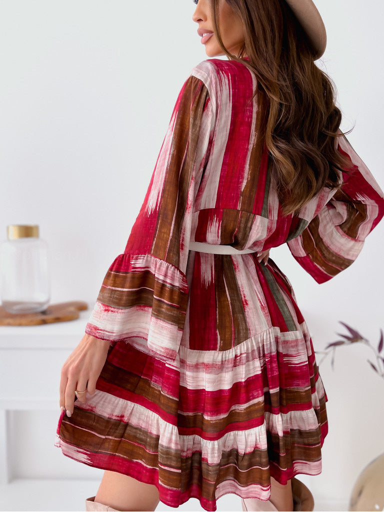 Belted Button Up V Neck Long Sleeve Wrap Mini Dress