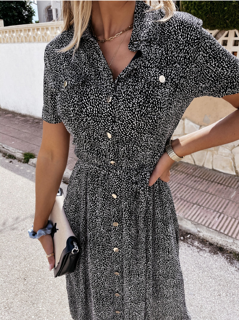 Polka Dot Collar Neck Button Down Tie Waist Dress with Front Pocket