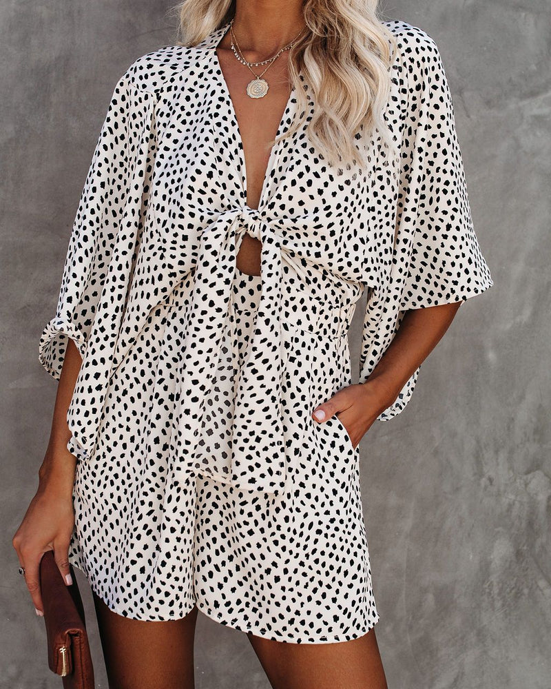 Casual Deep V Neck Front Tie Loose Mini Jumpsuit