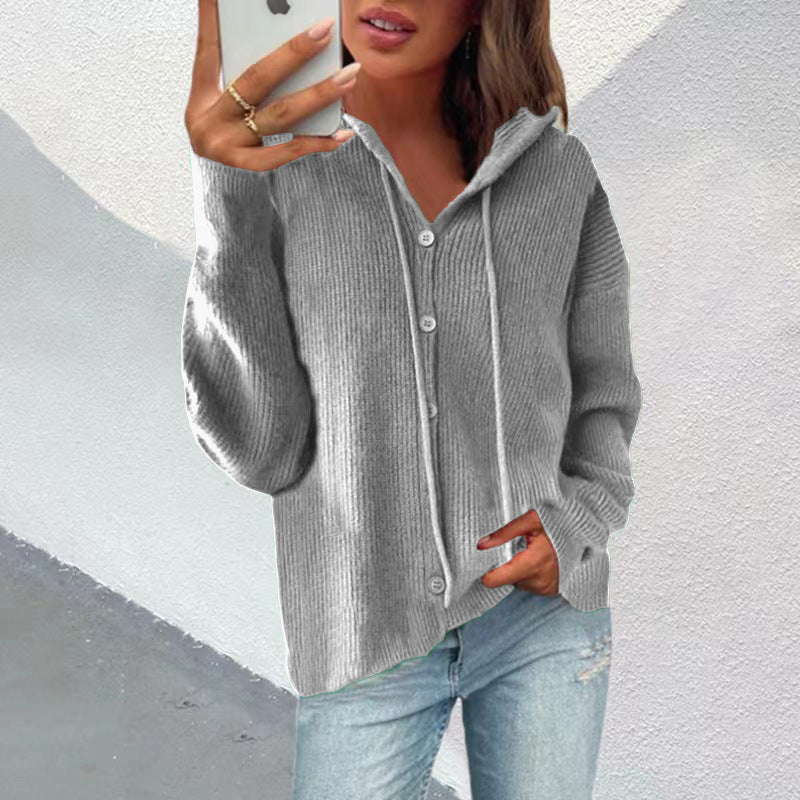 Casual Long Sleeve Buttoned Hooded Sweatshirt