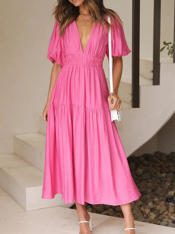 Deep V-Neck Short Sleeve Solid Color Maxi Dress