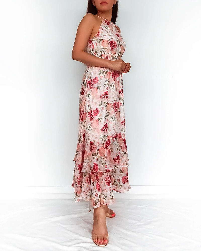 Fashion Sleeveless O-Neck Floral Printed Maxi Dress