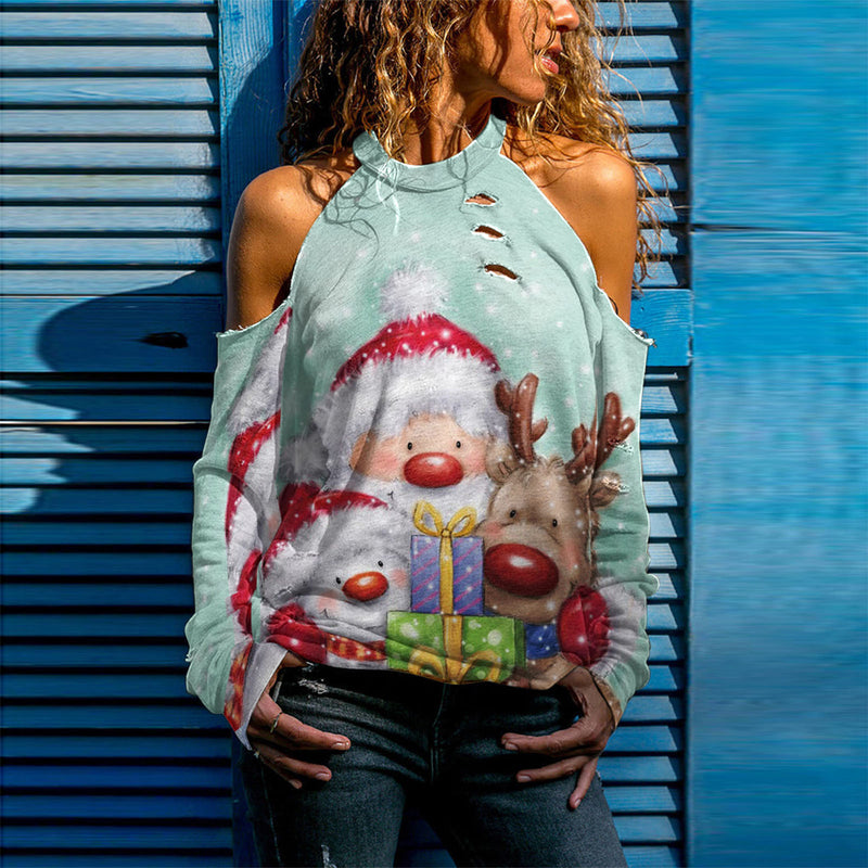 Cold Shoulder Christmas Print Sweatshirt