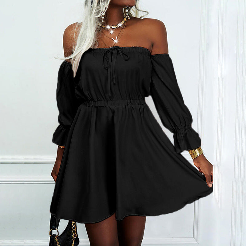 Off Shoulder Long Sleeve Elastic Waist Mini Dress