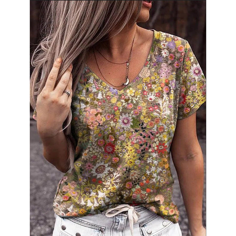 Floral Short Sleeve V Neck T Shirt Top