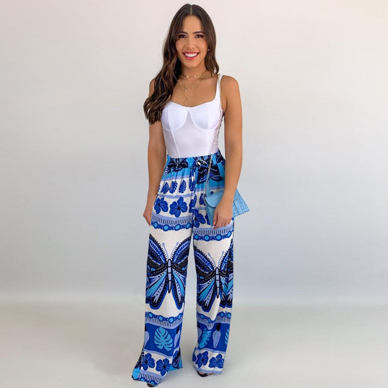 Butter Fly Print Elastic Waist Drawstring Long Pants