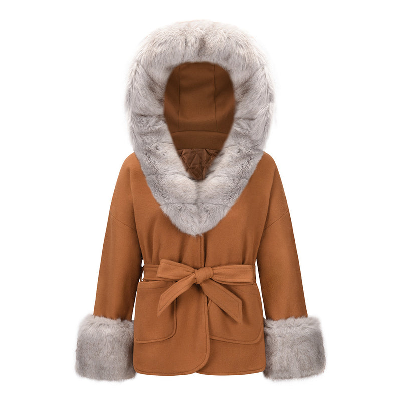 Bubble Faux Fur Tie Waist Front Pocket Coat