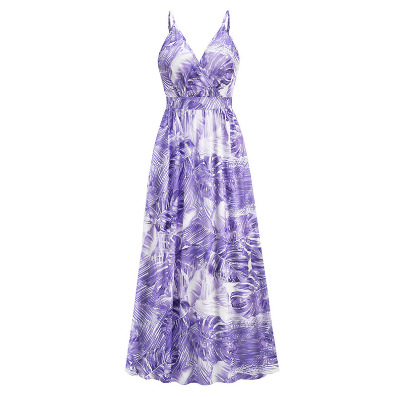 Spaghetti Strap V-Neck Printed Pleated Maxi Dress