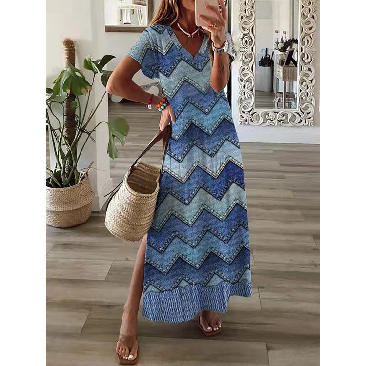 Short Sleeve Side Slit Printed Loose Maxi Dress