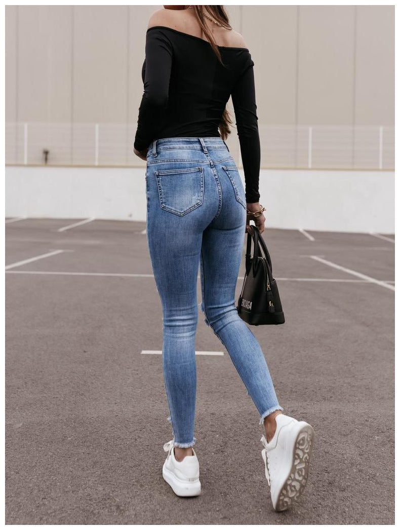 Casual Zip Up Ripped Skinny Destroyed Denim Jean Pants