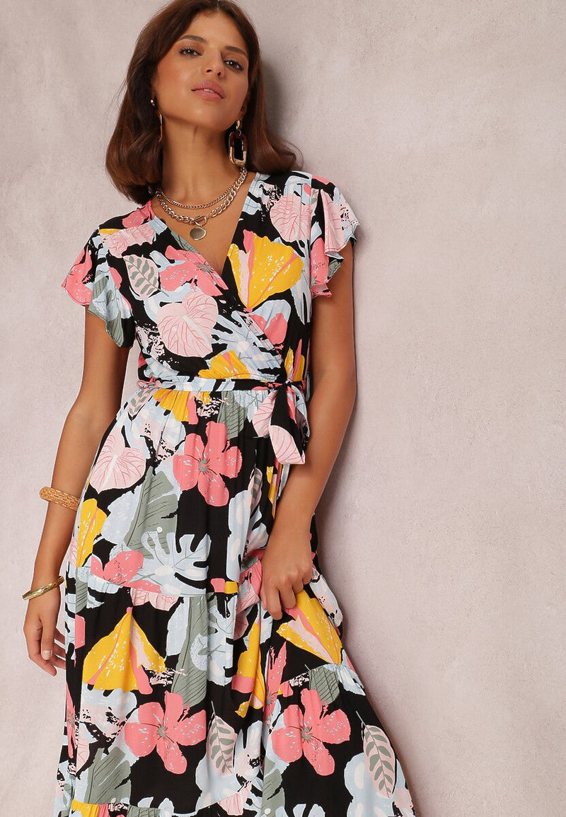 Floral Long Sleeve Cap Sleeve V Neck Maxi Dress