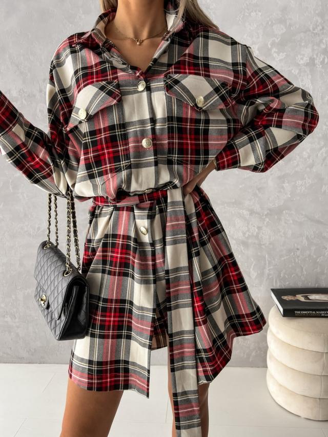 Long Sleeve Button Down Wrap Waist Plaid Mini Dress