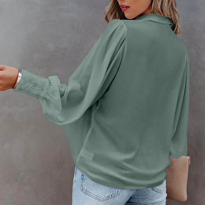 Casual V Neck Wide Long Sleeve Blouse