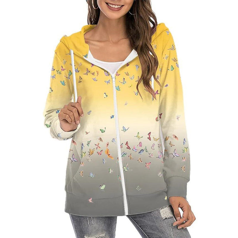 Fashion Floral Print Long Sleeve Zip Up Hoodie Sweatshirt