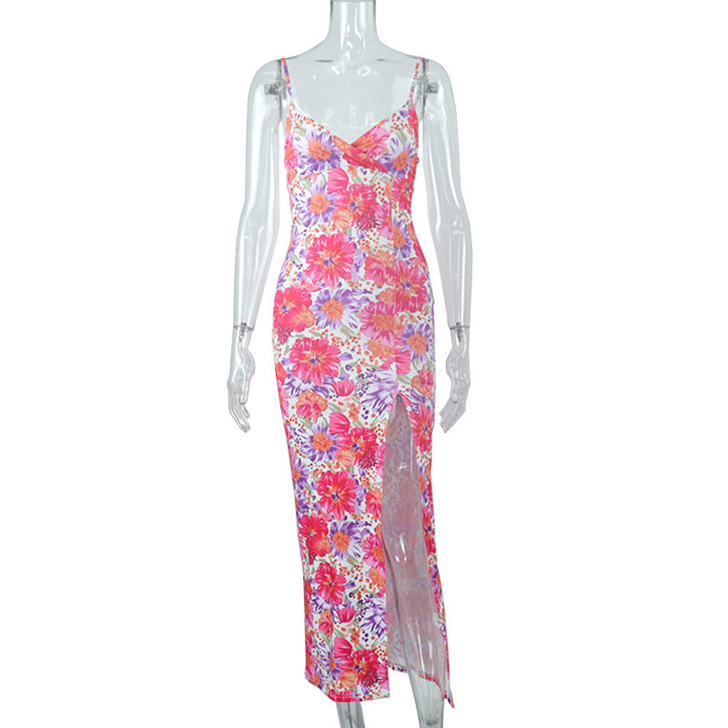 Fashion Floral Print Spaghetti Strap Split Maxi Dress