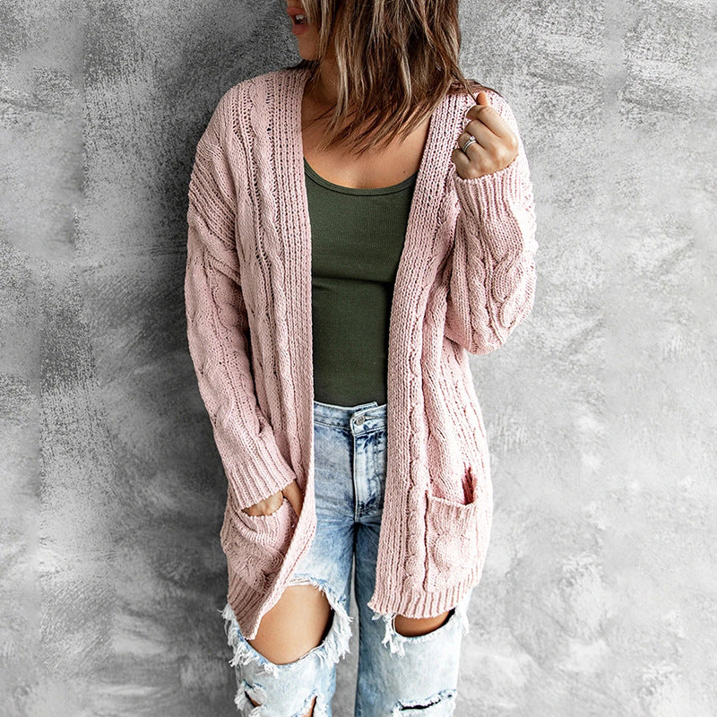 Cable Knit Open Front Long Sleeve Cardigan Sweater