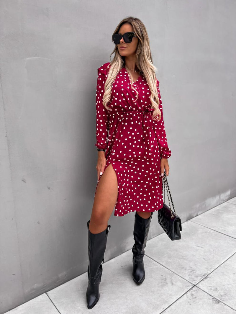 Polka Dot Long Sleeve Deep V Neck Side Split Dress