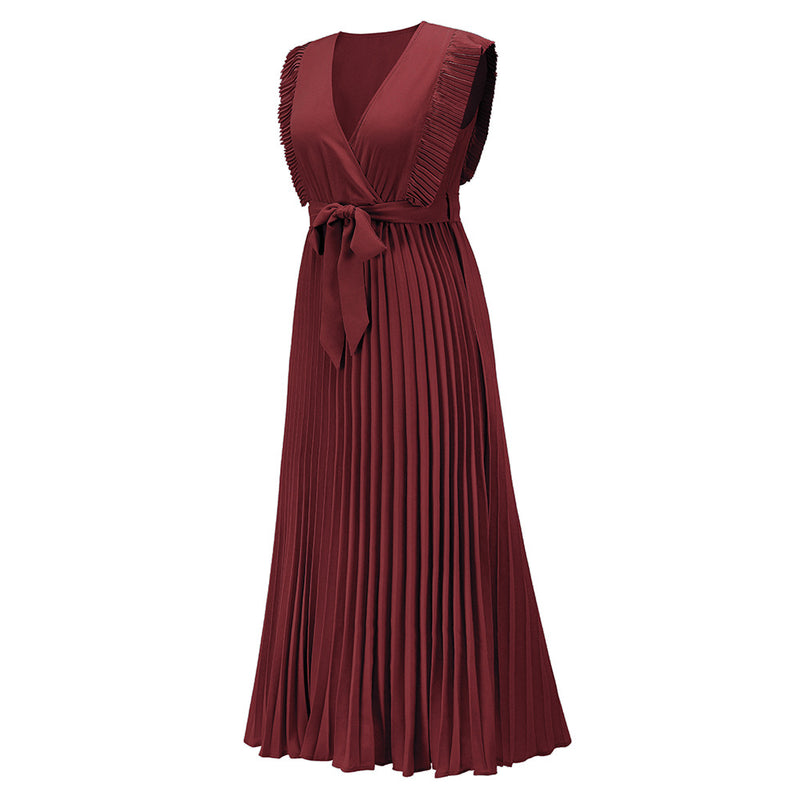 Ruffle Sleeveless V Neck Wrap Front Maxi Dress