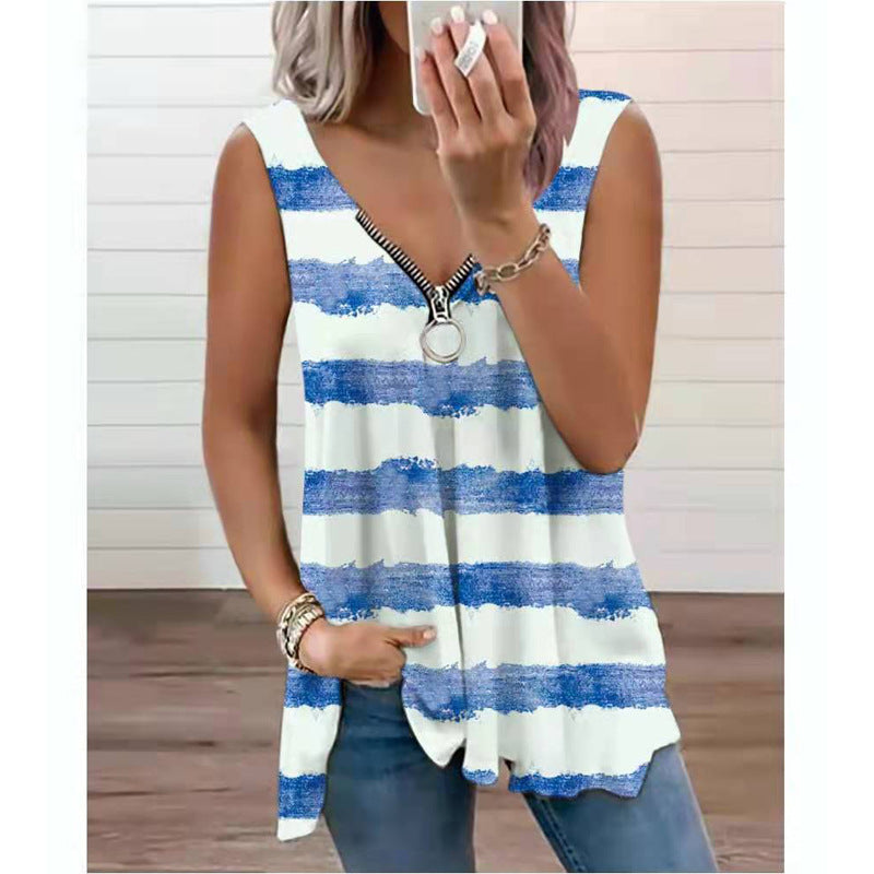 Zip Up Sleeveless Tank Blouse Top