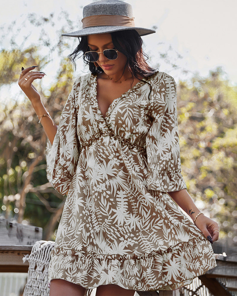 Short Sleeve Floral Deep V Neck Ruffle Dress