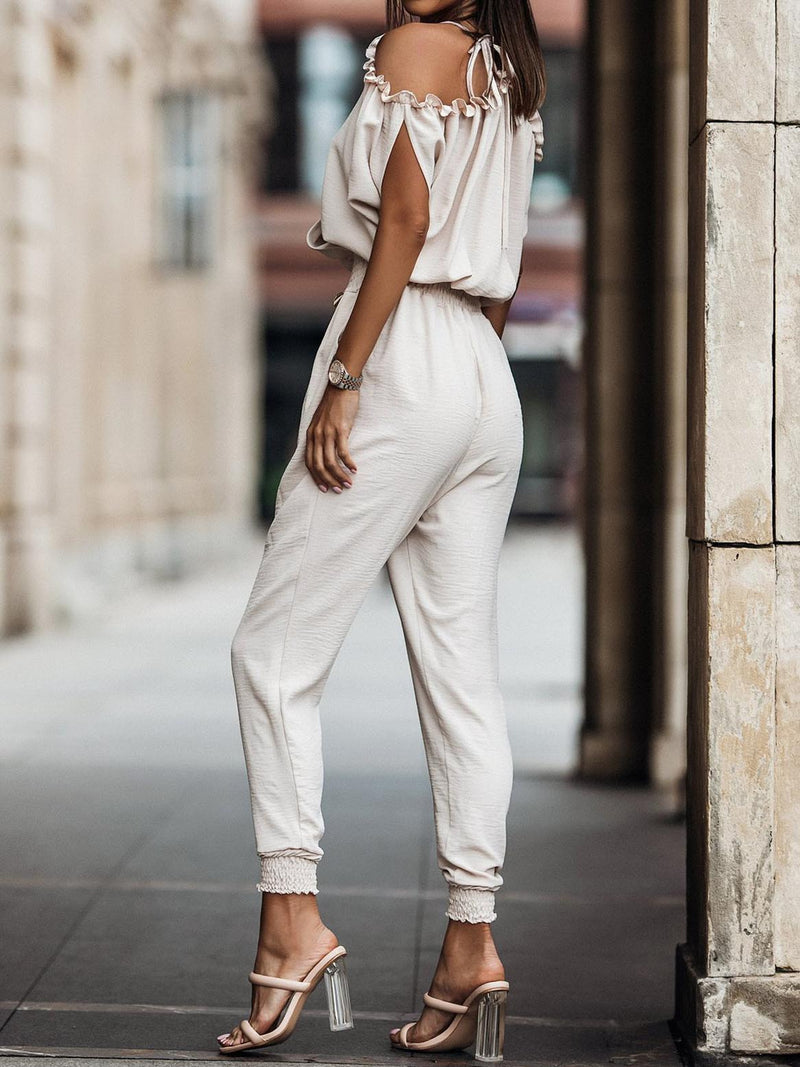 Wonderful Ideas Ruffle Cold Shoulder Jumpsuit