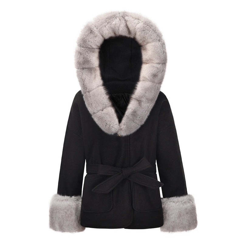 Bubble Faux Fur Tie Waist Front Pocket Coat