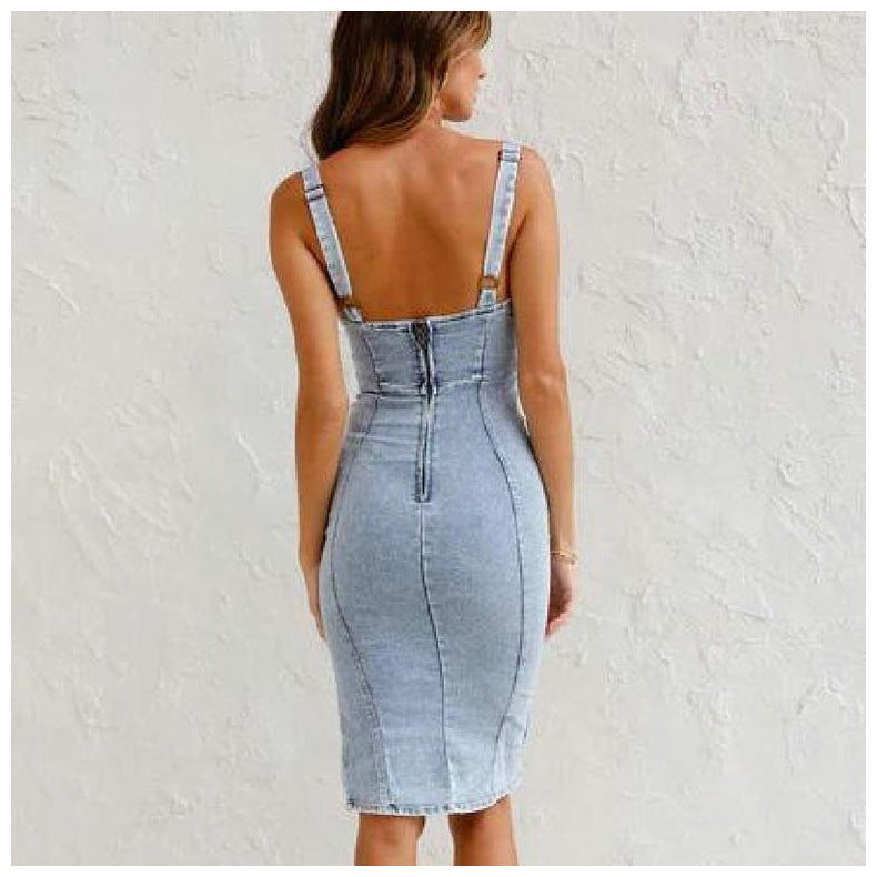 Sleeveless Side Split Bodycon Midi Denim Dress