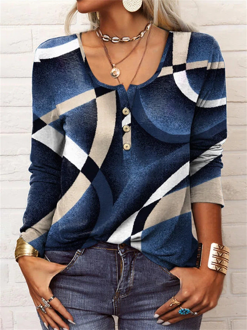 Scoop Neck Long Sleeve Printed Blouse Top