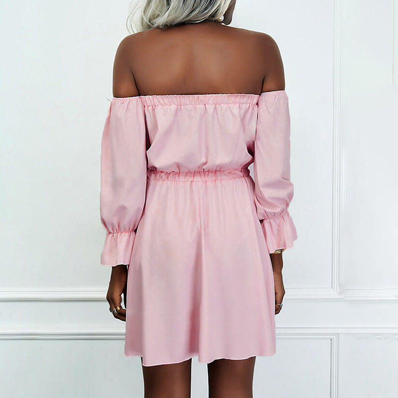 Off Shoulder Long Sleeve Elastic Waist Mini Dress