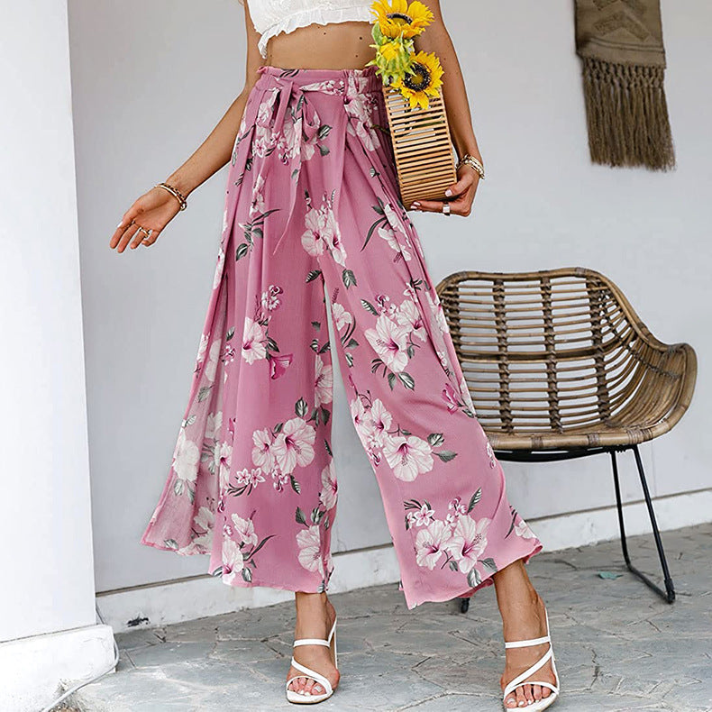 Classic Floral Solid Waist Tie Long Wide Leg Pants