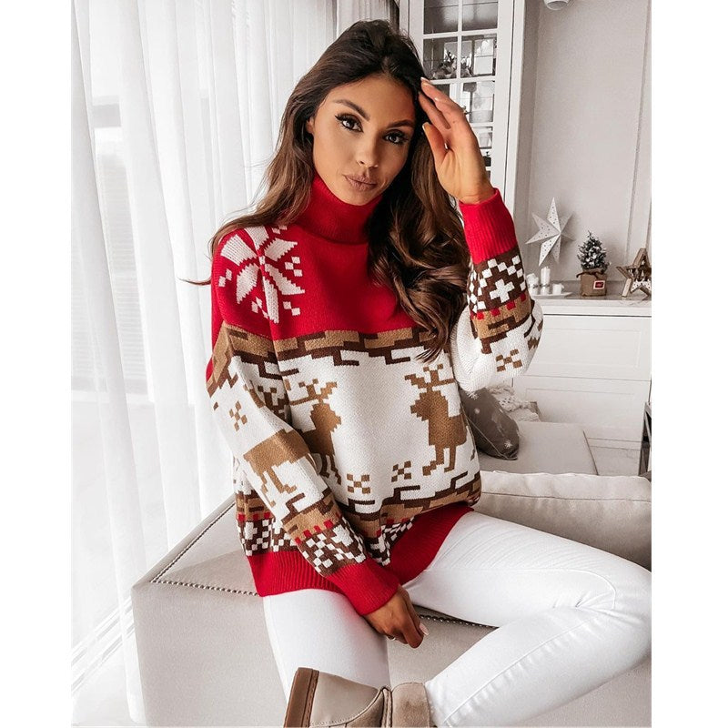 Turtle Neck Xmas Print Knitted Sweater