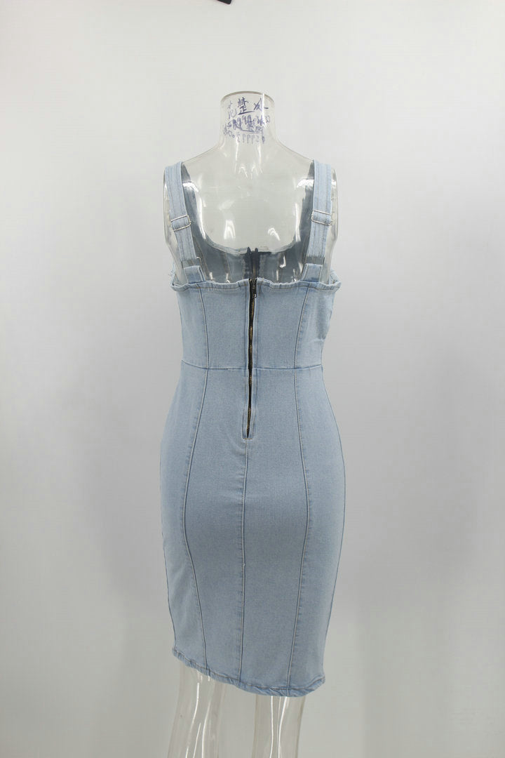 Sleeveless Side Split Bodycon Midi Denim Dress