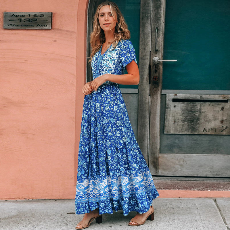 Short Sleeve Floral V Neck Maxi Dress