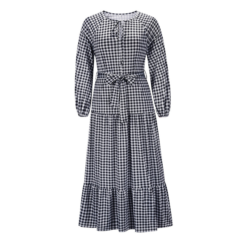 Long Sleeve Round Neck Plaid Maxi Dress