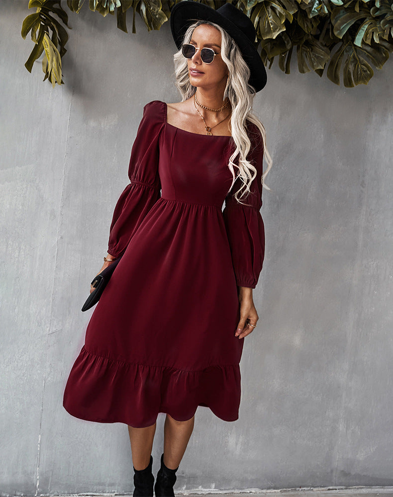 Casual U Neck Long Sleeve Midi Dress