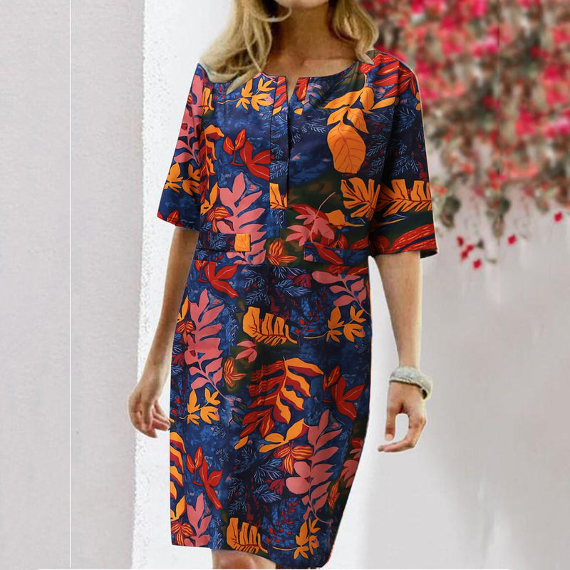 Casual Round Neck Floral Short Sleeve Midi Dress