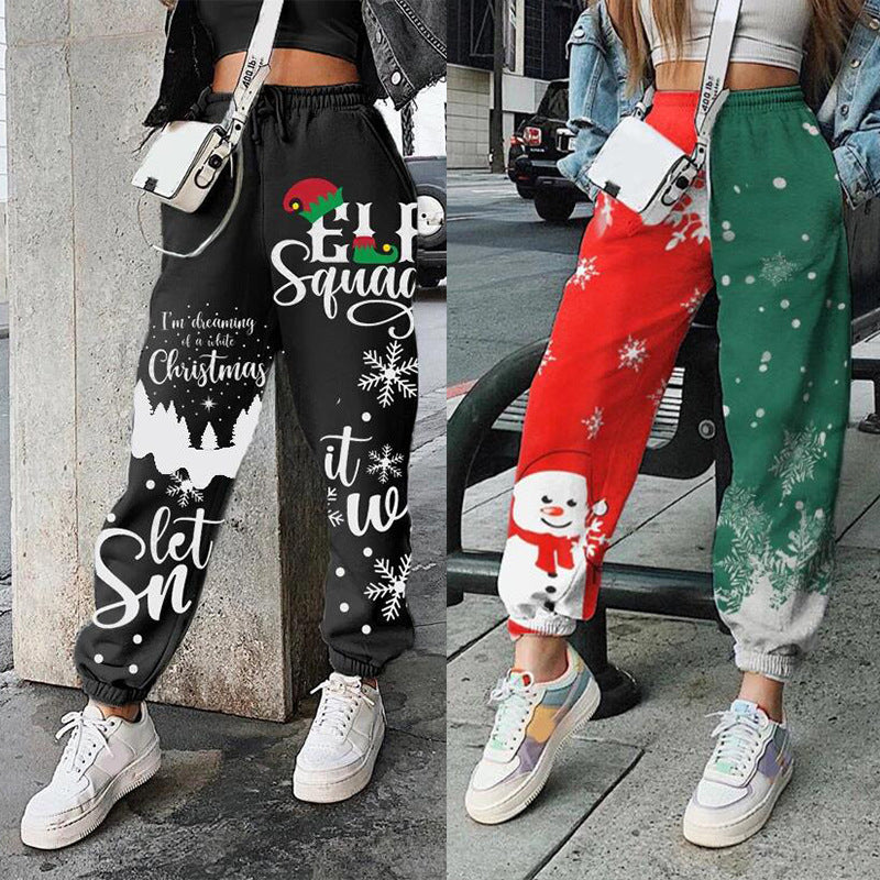 Christmas Print Elastic Waist Sweat Pants