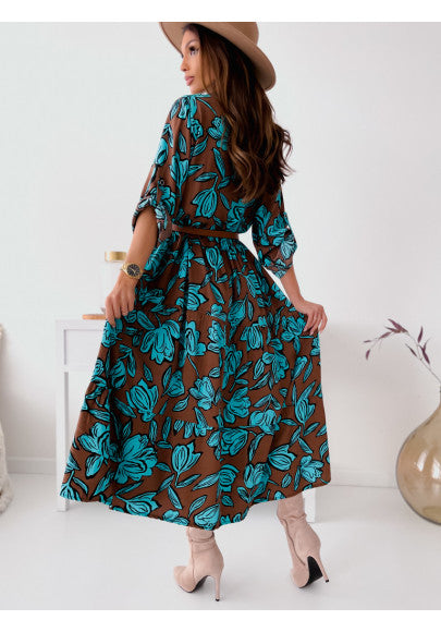 Button Up Floral Belted Maxi Dress