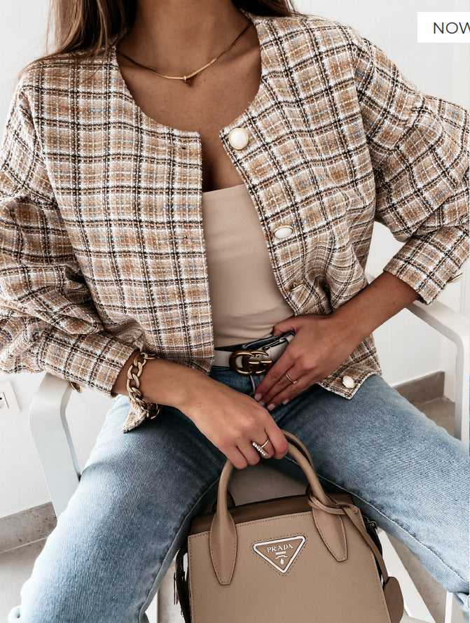 Round Neck Plaid Button Down Blouse Top