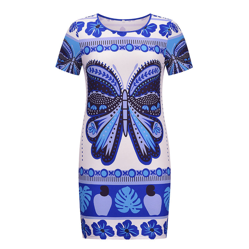 Butterfly Print Short Sleeve Round Neck Mini Dress