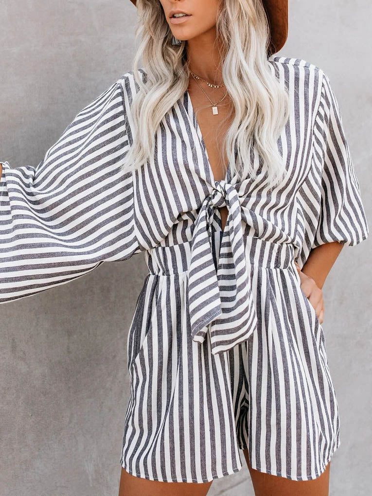 Casual Deep V Neck Front Tie Loose Mini Jumpsuit