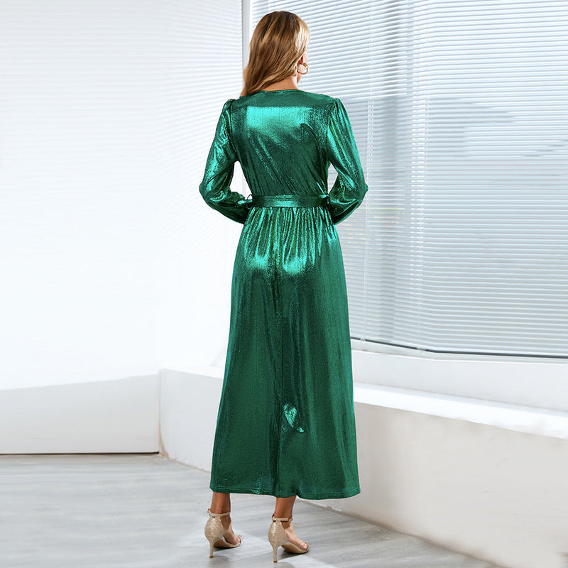 Shinny Long Sleeve Tie Waist Maxi Dress