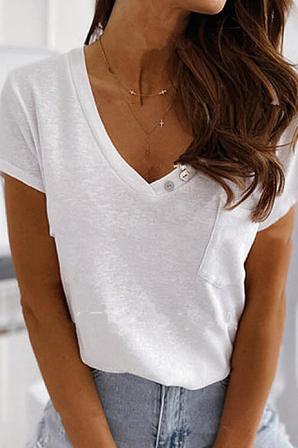 V Neck Button Pockets T Shirt