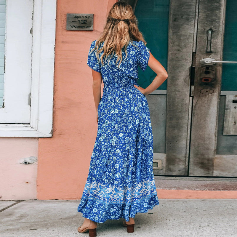 Short Sleeve Floral V Neck Maxi Dress