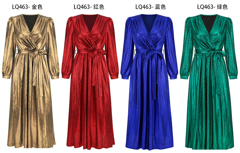 Shinny Long Sleeve Tie Waist Maxi Dress