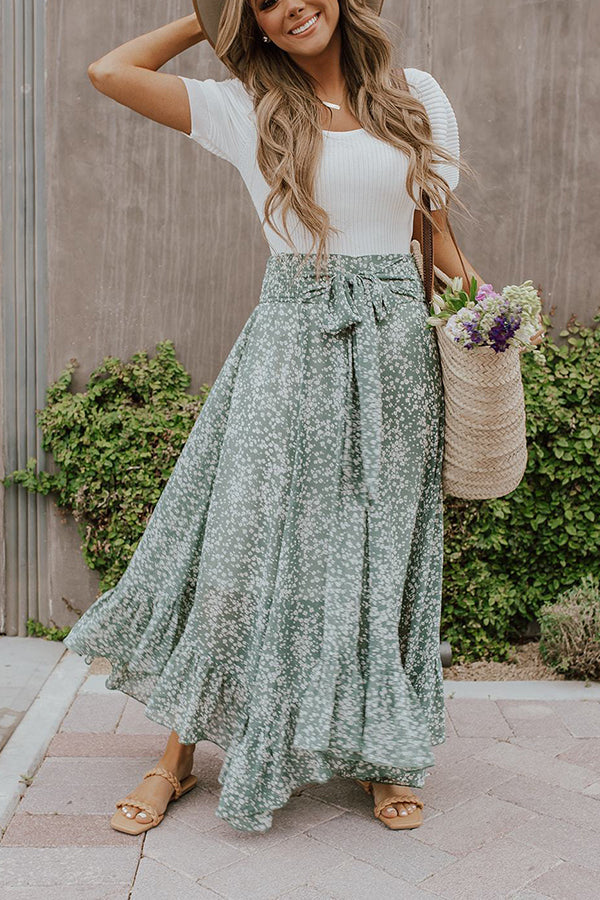 Floral Asymmetric Flounce Belted Maxi Skirt