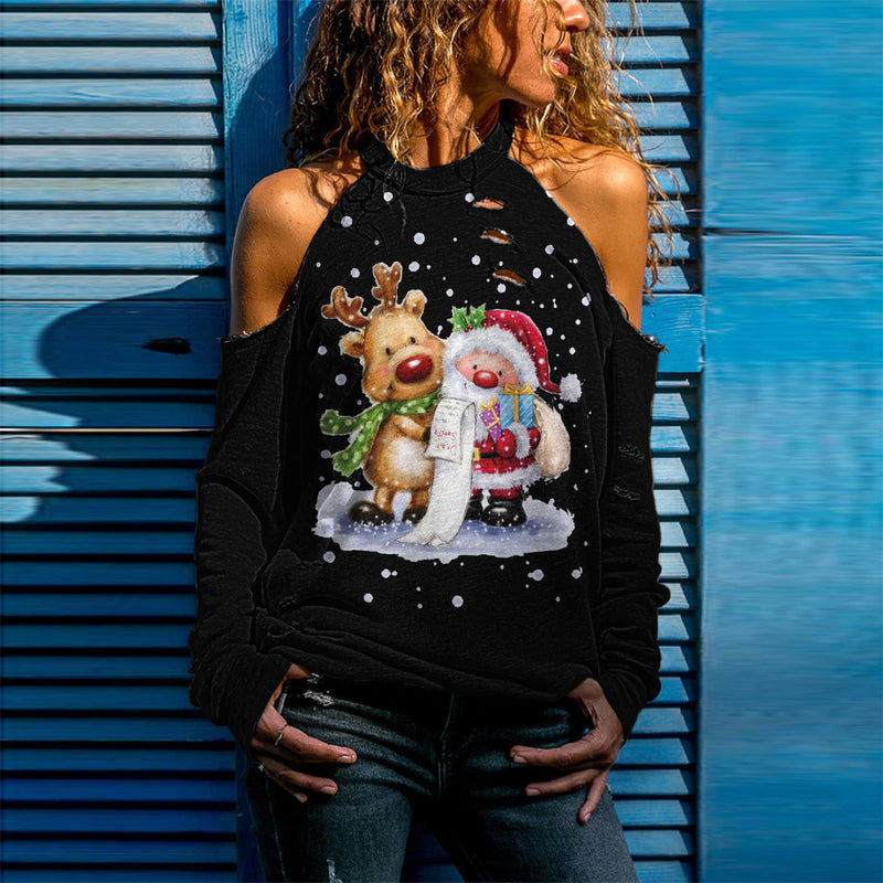 Cold Shoulder Christmas Print Sweatshirt