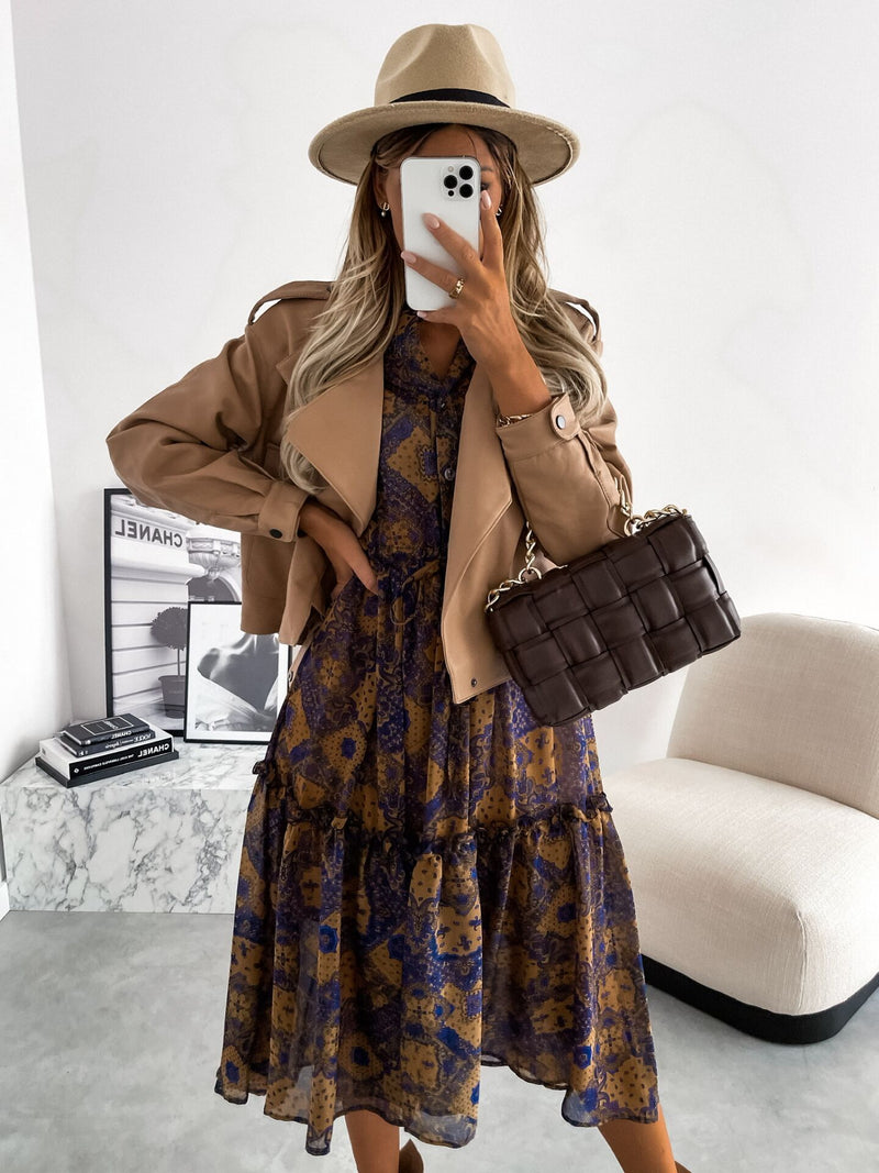 Button Up Long Sleeve High Waist Midi Dress